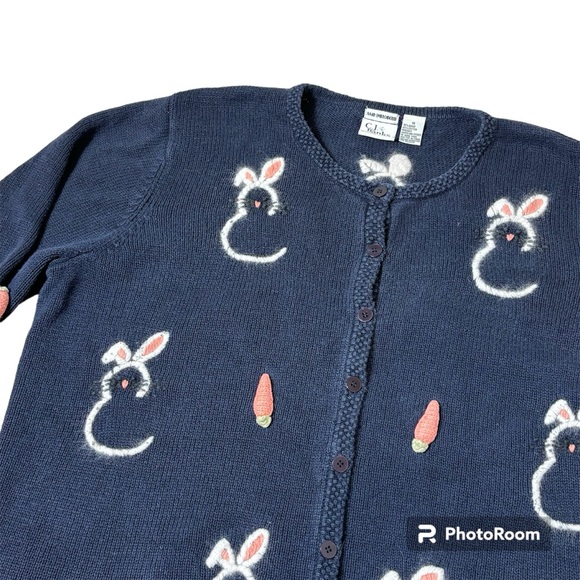 Vintage CJ Banks 1x Sweater Hand Embroidered Bunnies Carrots Easter Button Down - Picture 3 of 8